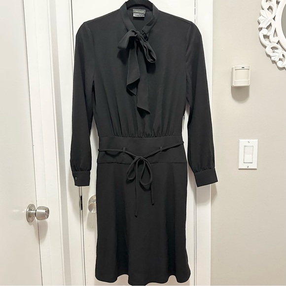 Longchamp Dresses & Skirts - Longchamp Tie Neck Fit Flare Shirt Dress black knee length long slv stretch XS